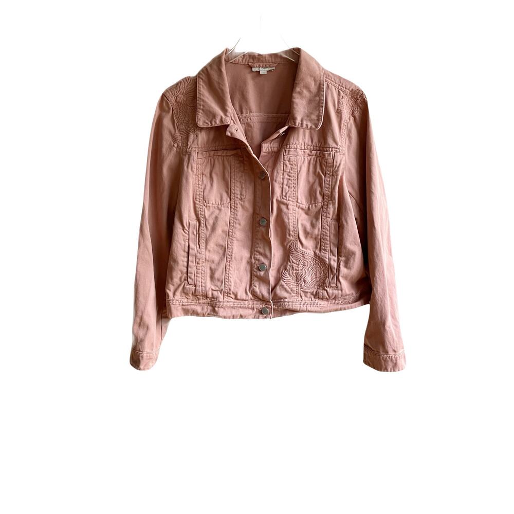 Loft Denim Jacket Size XL Rose Pink Paisley Embroidered 100% Cotton Jean Pockets - Picture 5 of 12